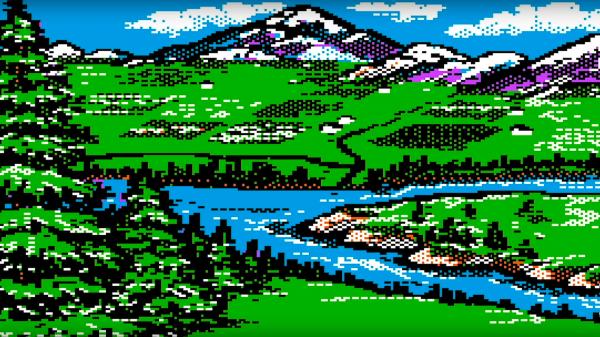 a screen grab from the Oregon Trail computer game showing a pixelated mountain valley