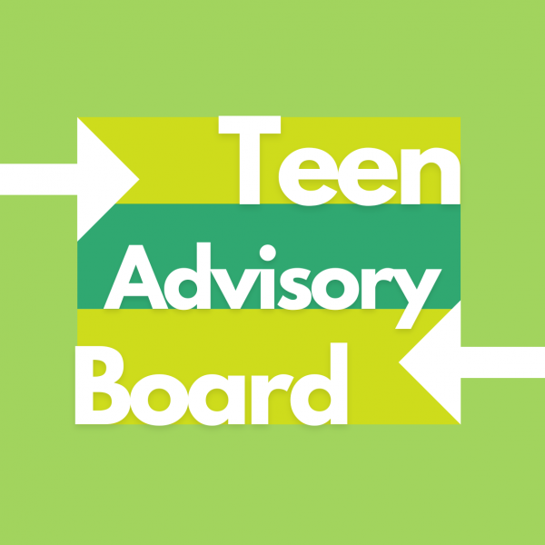 teen advisory board graphic in shades of green with white lettering